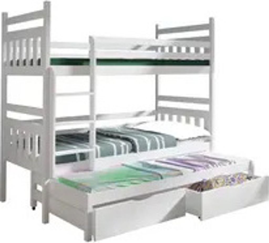KEF Lena Etagenbett Kinder Etagenbett 3 Personen Holz Kinderbett mit Schubladen ohne Matratze 90x190 cm Weiß