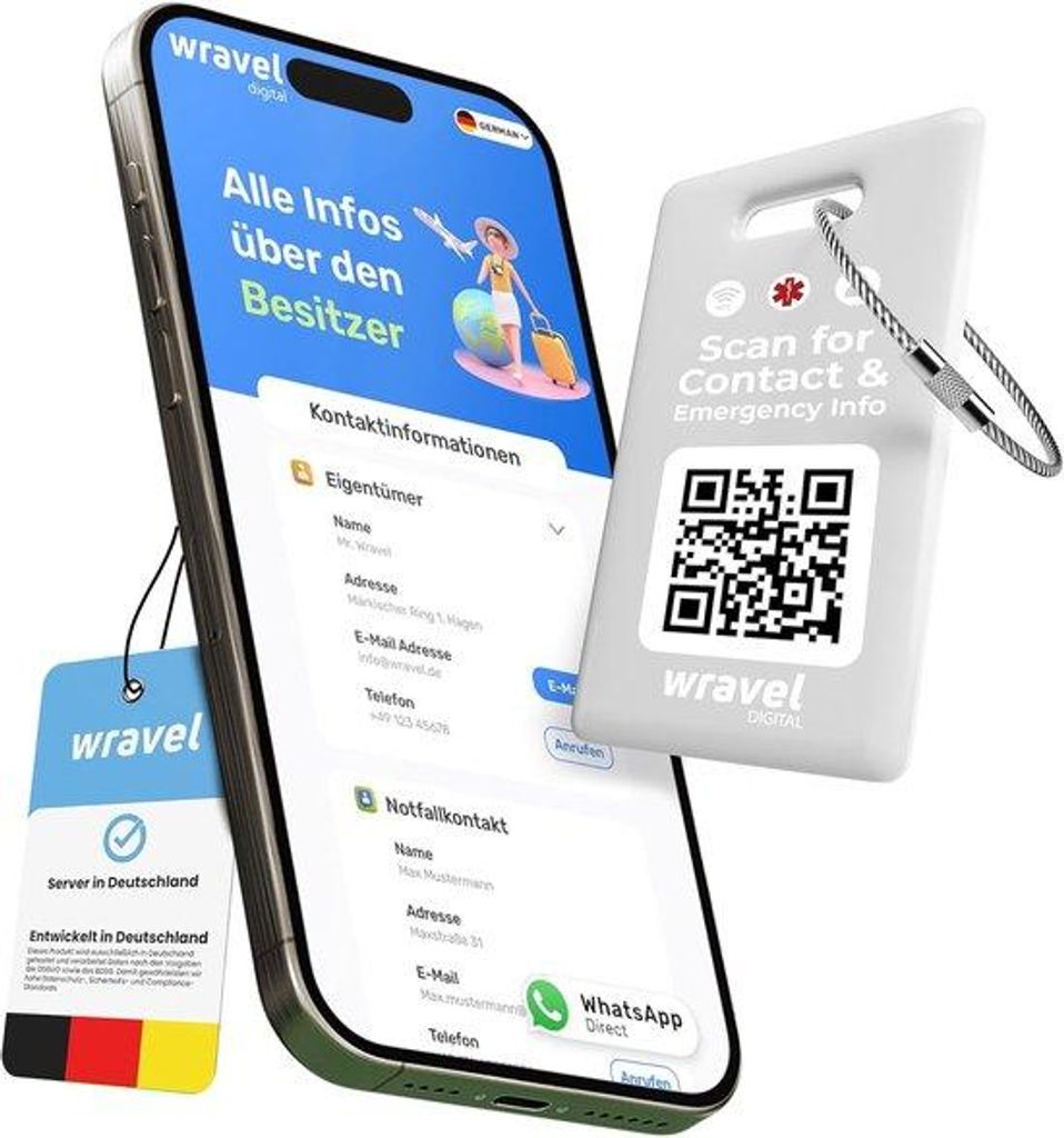 Digitales Reiseetikett mit NFC & QR Code - Schmales Kofferetikett mit Datenschutz - Für Reisen und Trekking - Grau