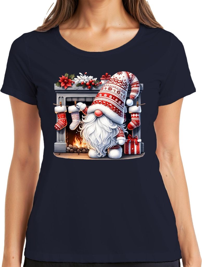 Niedlicher Weihnachtsmann Kamin Weihnachtsstrümpfe Geschenk Deko Damen T-Shirt, Navy, M