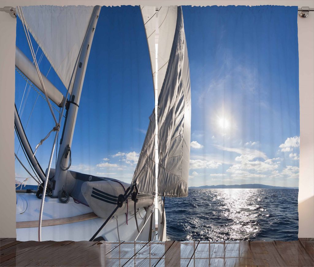 ABAKUHAUS Aqua Weiß Rustikaler Gardine, Segelboot in See, Schlafzimmer Kräuselband Vorhang mit Schlaufen und Haken, 280 x 245 cm, Blau Weiss