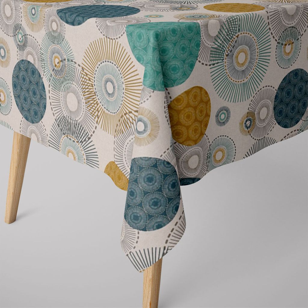 Tischdecke Halb-Panama Kreise Ornamente natur blau grün div. Größen Größe 130x240cm