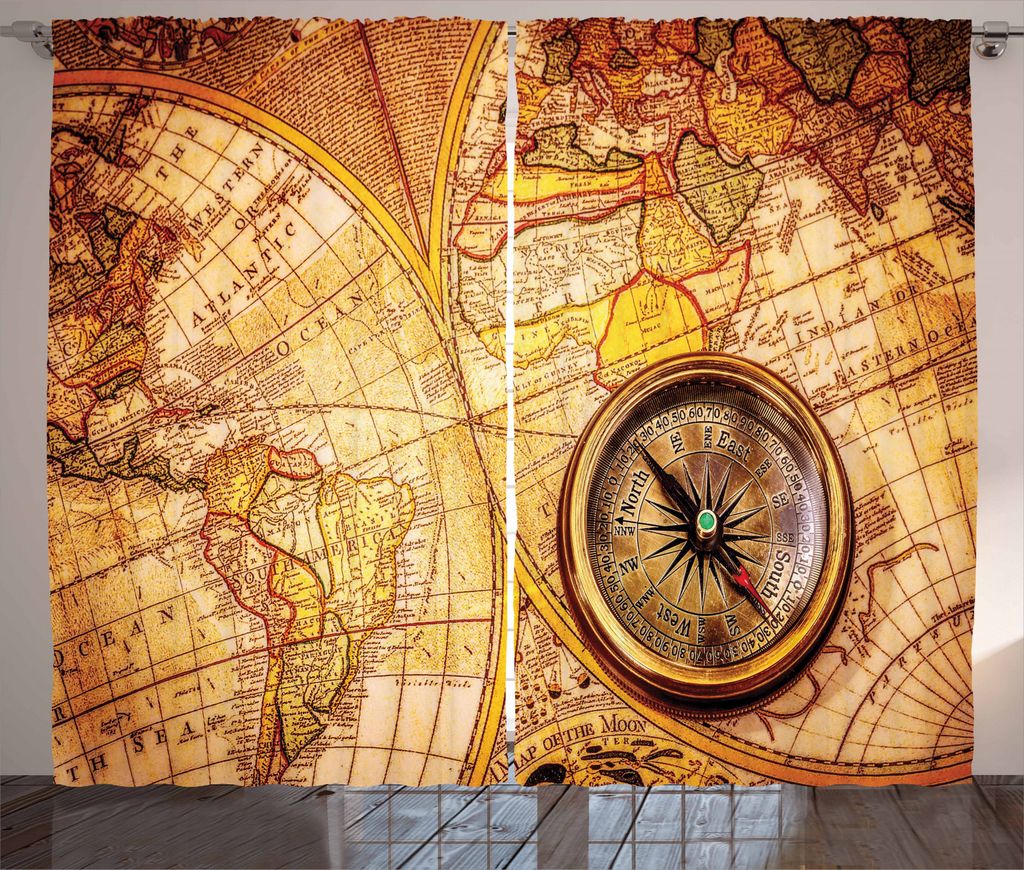 ABAKUHAUS Geschichte Rustikaler Gardine, Welts-Karte, Schlafzimmer Kräuselband Vorhang mit Schlaufen und Haken, 280 x 245 cm, Gelb Orange