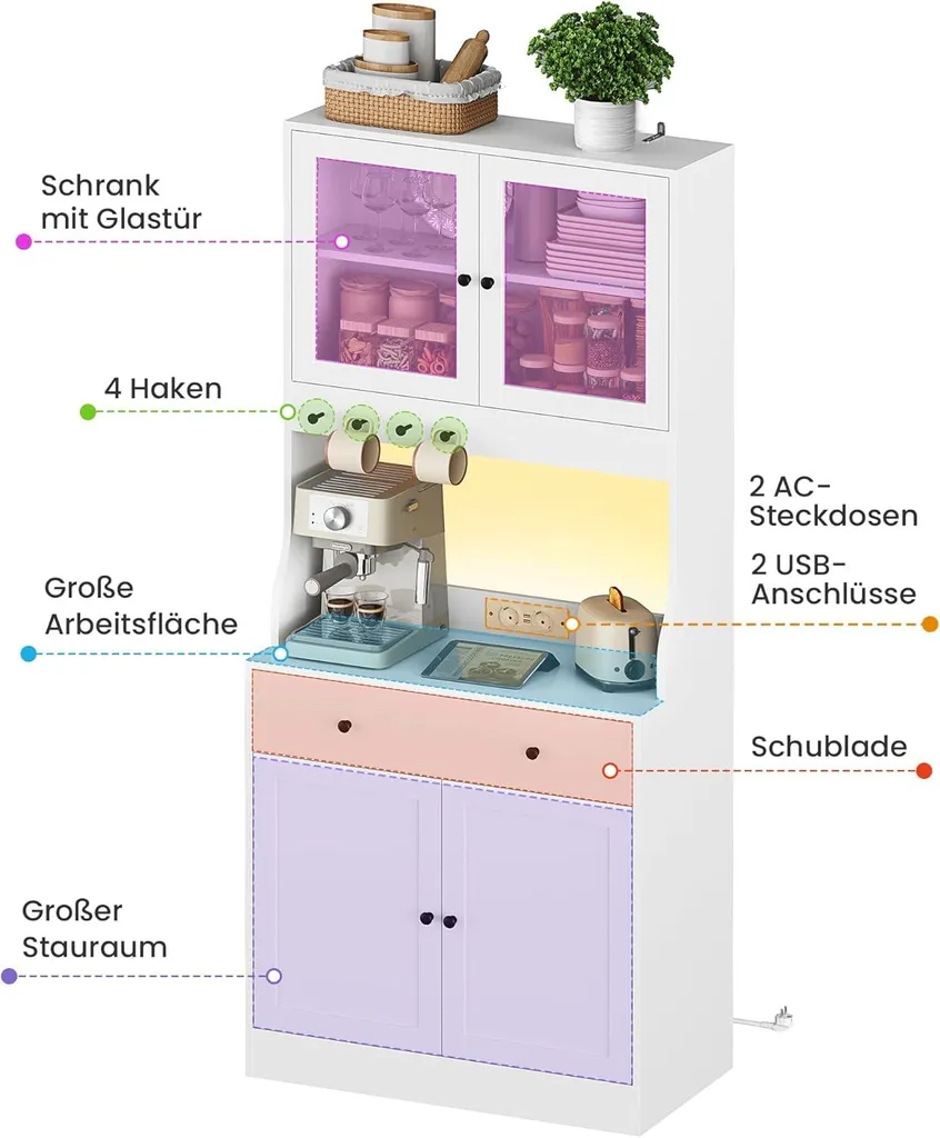 Buffet haut de cuisine blanc KIMENICH meuble de rangement avec LED