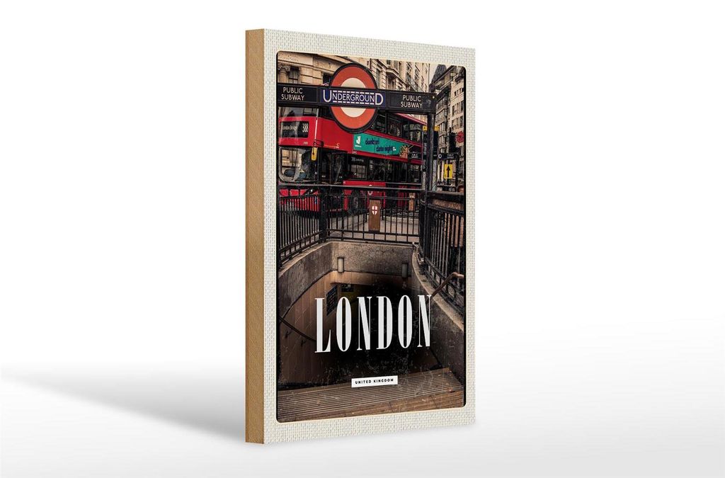 Holzschild Reise 20x30cm London England Underground Train