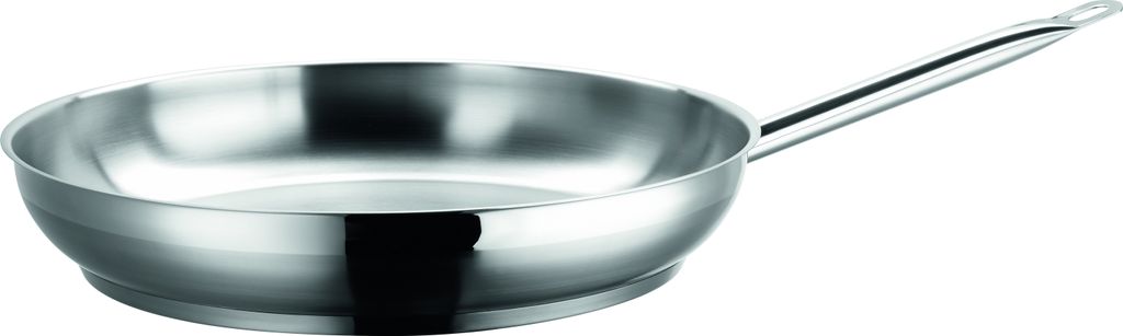 A stainless steel frying pan is shown against a white background.