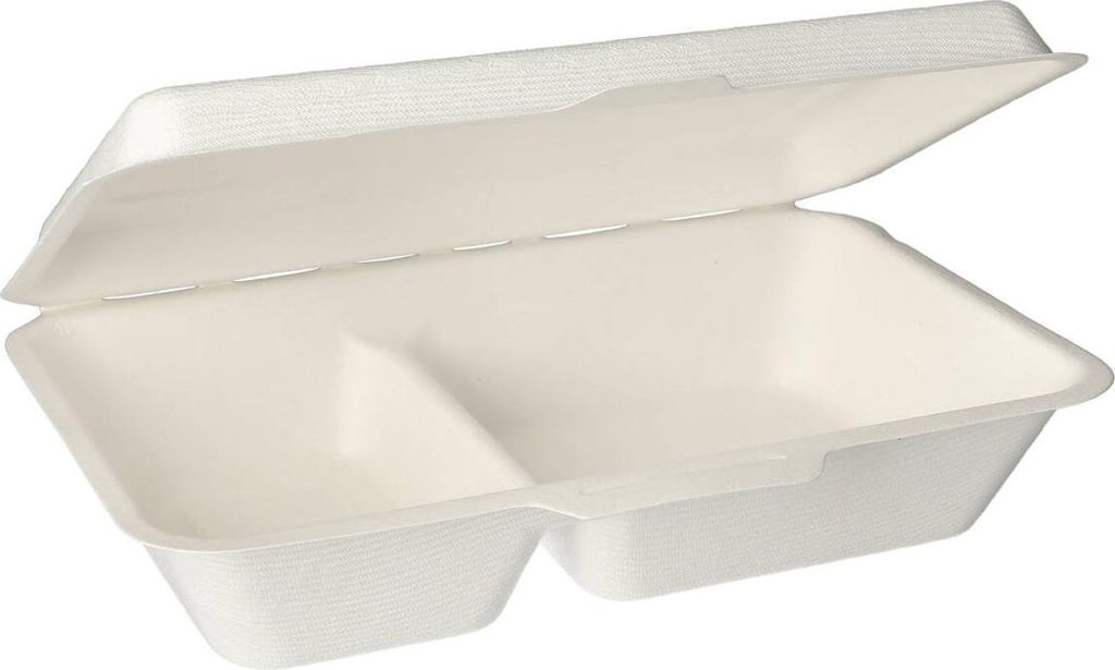 PAPSTAR Menüboxen Zuckerrohr "pure" 2-geteilt, weiß, 6,5x24x15,5 cm | Schrumpffolie (25 Stück)