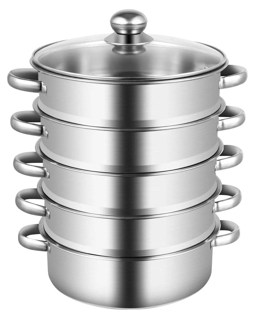Dampfgarer Topf - Doppelkessel - 5-lagig - Edelstahl - 15 kg Fassungsvermögen - Ø 23 cm - Glasdeckel - Für Gas- und Elektroherd - Silber