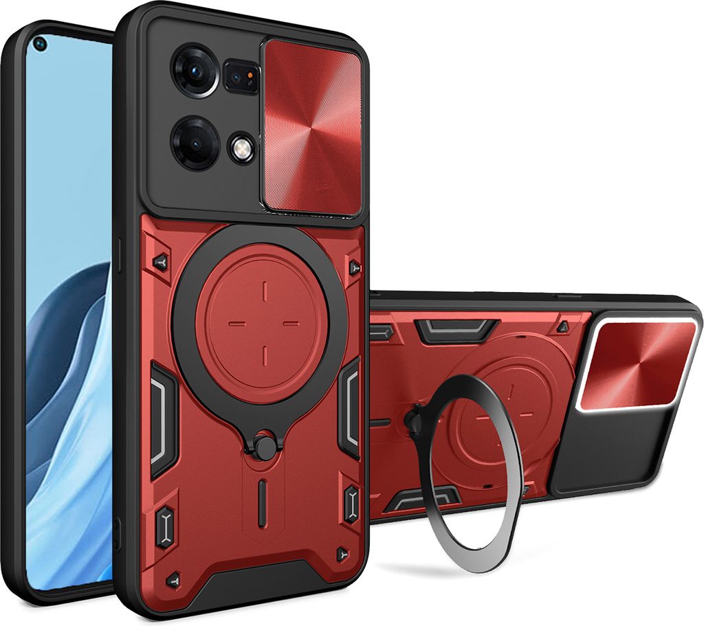 Handyhülle für Oppo Reno7 4G Dual-Layer Stoßfest Rüstung Hülle mit Dia Kameraschutz und Kreisförmig Ring Ständer Rot
