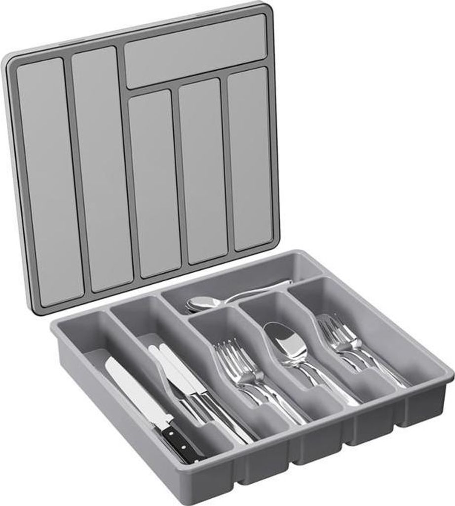 Besteckkasten mit Deckel, Besteckkasten für Schublade und Küchenarbeitsplatte, Kunststoffbesteck und Besteck