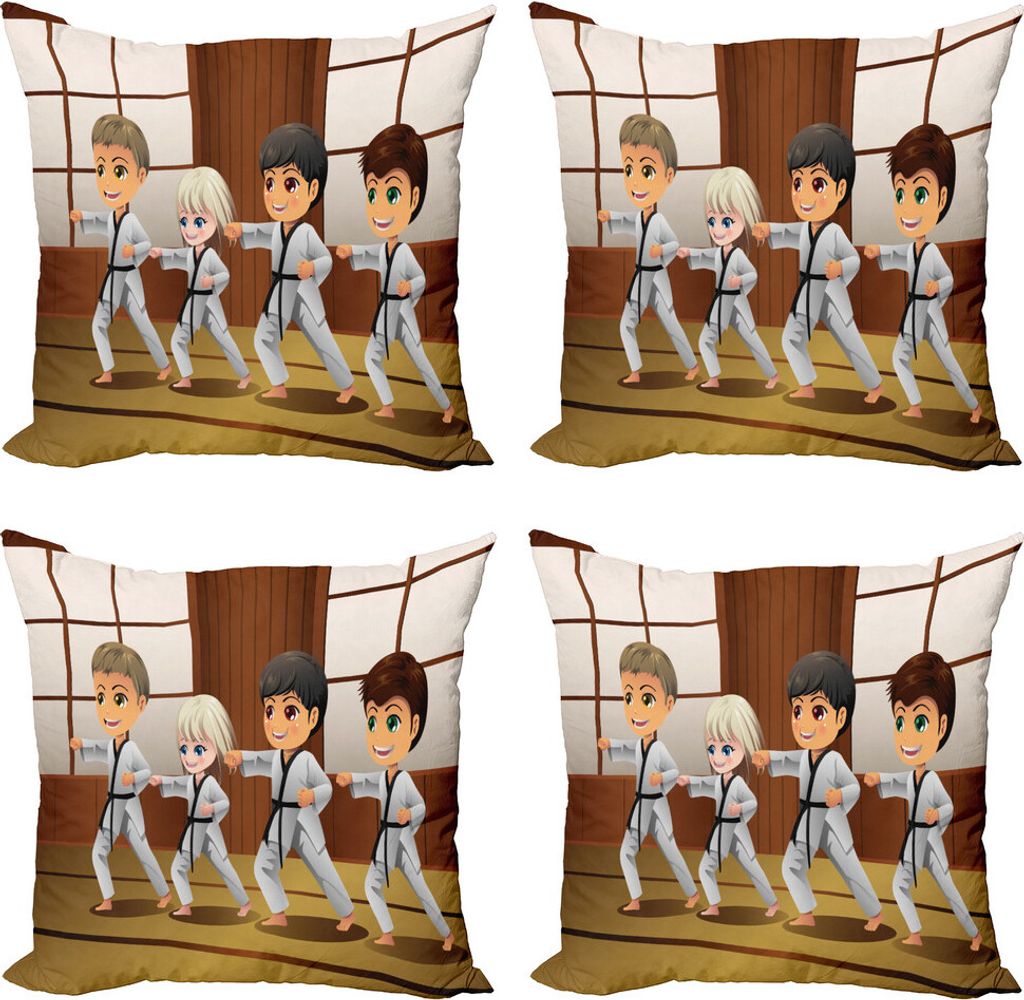 ABAKUHAUS Karate Kissenbezug Set (4 Stück), Kinder Dojo Praxis Kunst, Moderner Doppelseitiger Digitaldruck, 60 cm x 60 cm, Redwood und Multicolor