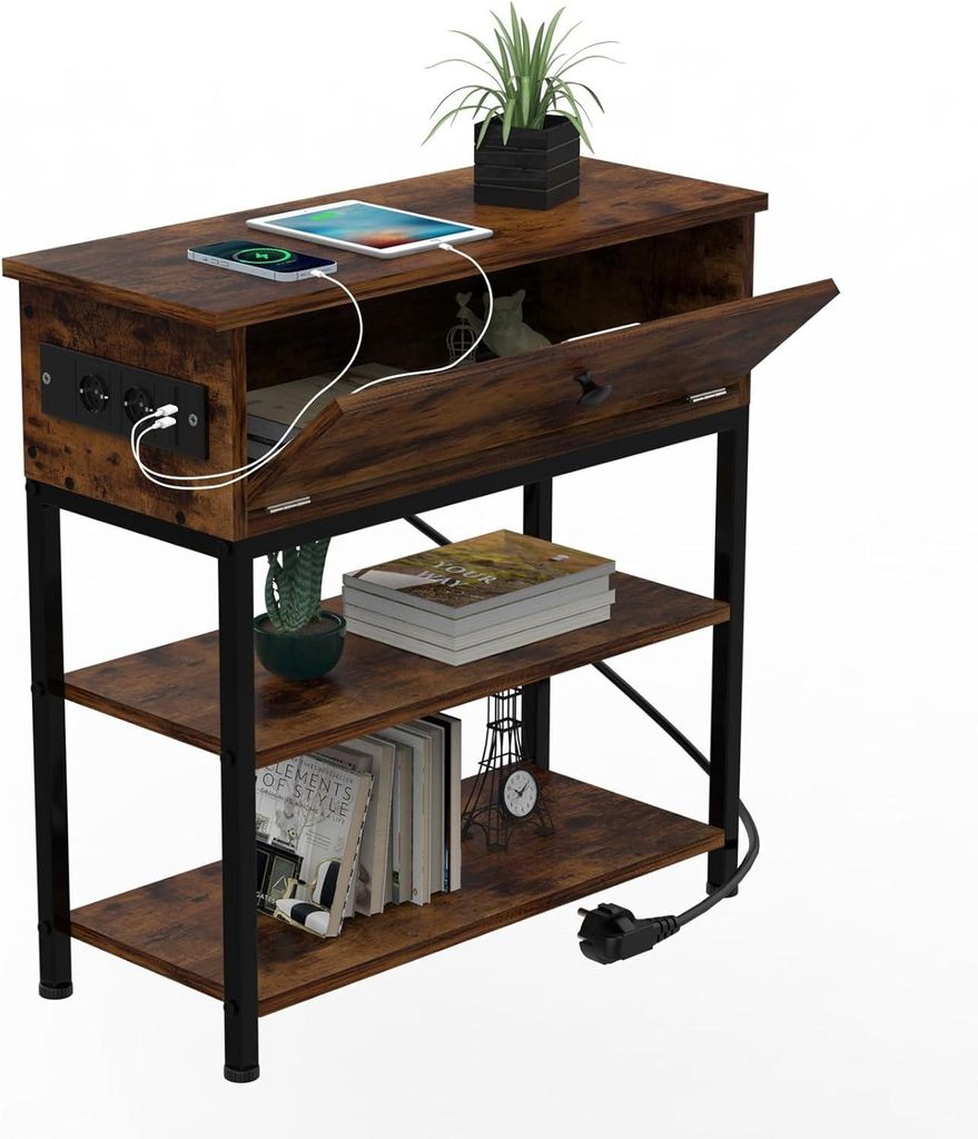 Beistelltisch,Nachttisch mit USB-Anschluss und Steckdose,Nachtschrank für kleine Räume,Stabil und Robust,Aufbewahrung im Wohnzimmer 55x26x66cm