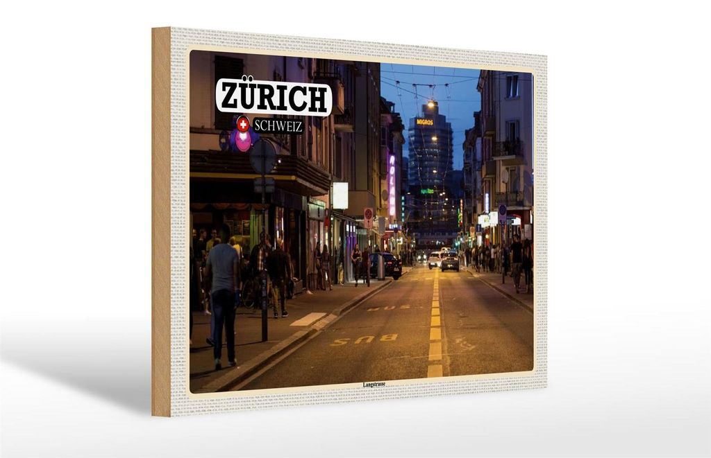Holzschild Reise Zürich Schweiz Langstrasse 30x20cm