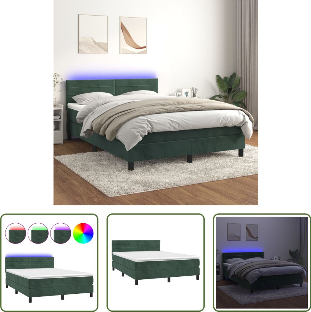 The Living Store Boxspringbett mit Matratze & LED Dunkelgrün 140x200 cm Samt