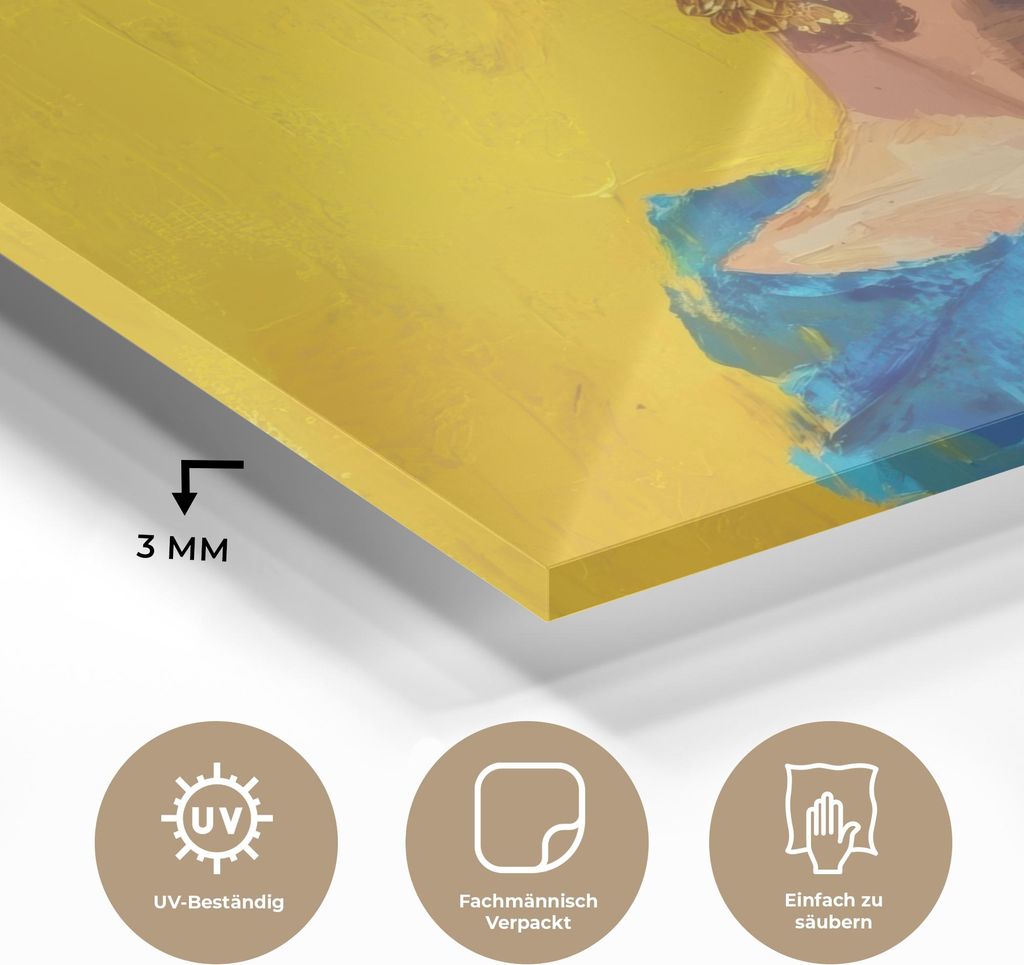 MuchoWow Glasbilder - Bilder auf Wandbild - Foto auf Glas Frida Kahlo - Frau - Gelb - Blau - Blumen 40x30 cm Wanddekoration aus Glas - Acrylglasbil...