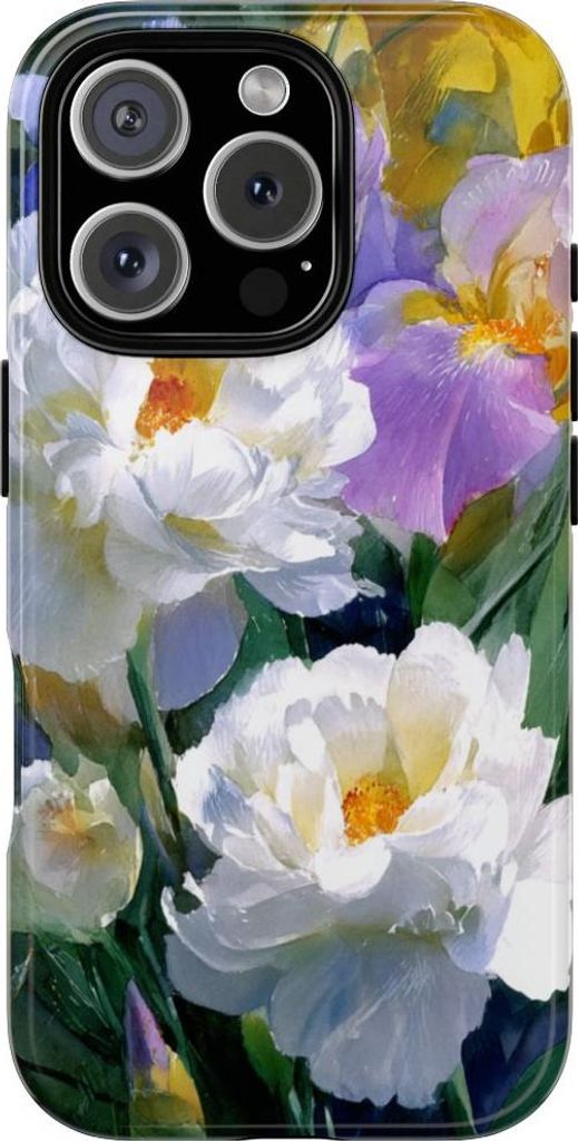 Weiße Pfingstrosen und violette Iris – Hülle Kompatibel mit iPhone 16 Pro