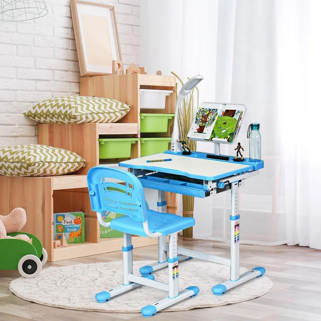Bureau enfant inclinable bleu modulable avec lampe haute luminosité