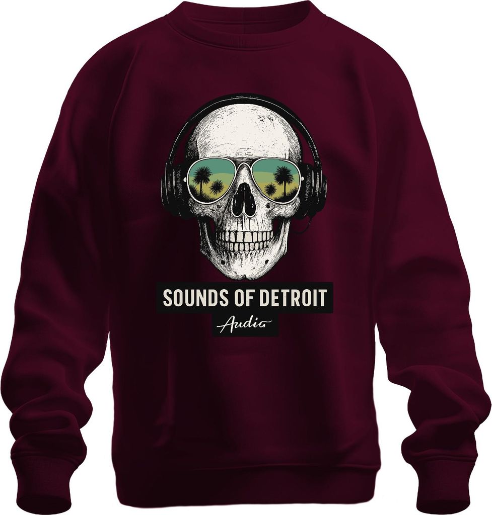 Sounds of Detroit Audio Totenkopf Kopfhörer Techno DJ Retro Club Uni Sweatshirt Pullover, Burgundy, 3XL