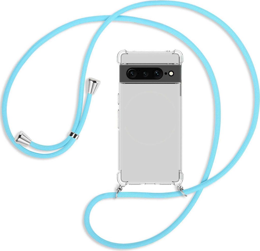 Handykette Backcover-Schutzhülle mit Band (Metall silberfarben) für Google Pixel 7 Pro - himmelblau