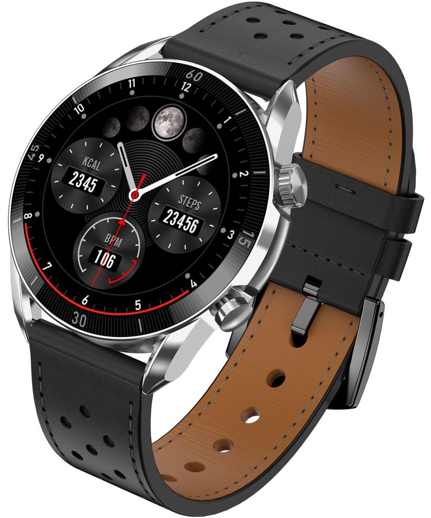 Garett Smartwatch Herren Garett V10 Silber-schwarzes Leder Garett-5904238485590