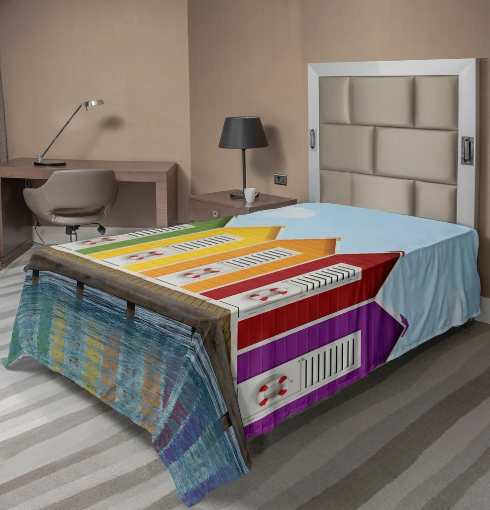 ABAKUHAUS Lenzuolo da letto paesaggistico, immagine di cabine colorate sulla spiaggia su un vecchio molo di legno in riva al mare in estate, lenzuolo morbido e confortevole per un letto decorativo 1 pezzo 190 cm x 100 cm, multicolore