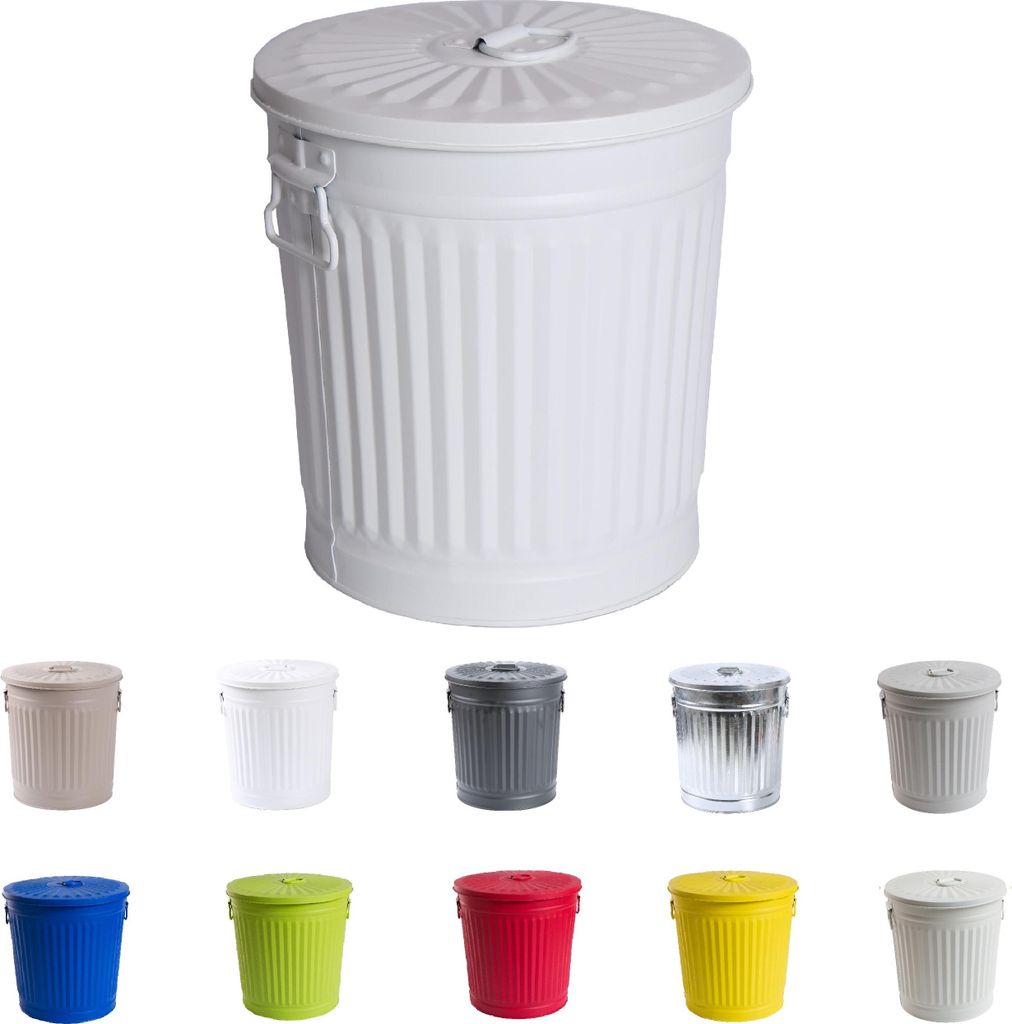 Jinfa Metall Mülleimer mit Deckel und Tragegriffen - für gelben Sack,Pfandbehälter,Kamin Ascheeimer,Futtertonne,Pelletbehälter | Weiß | 7L