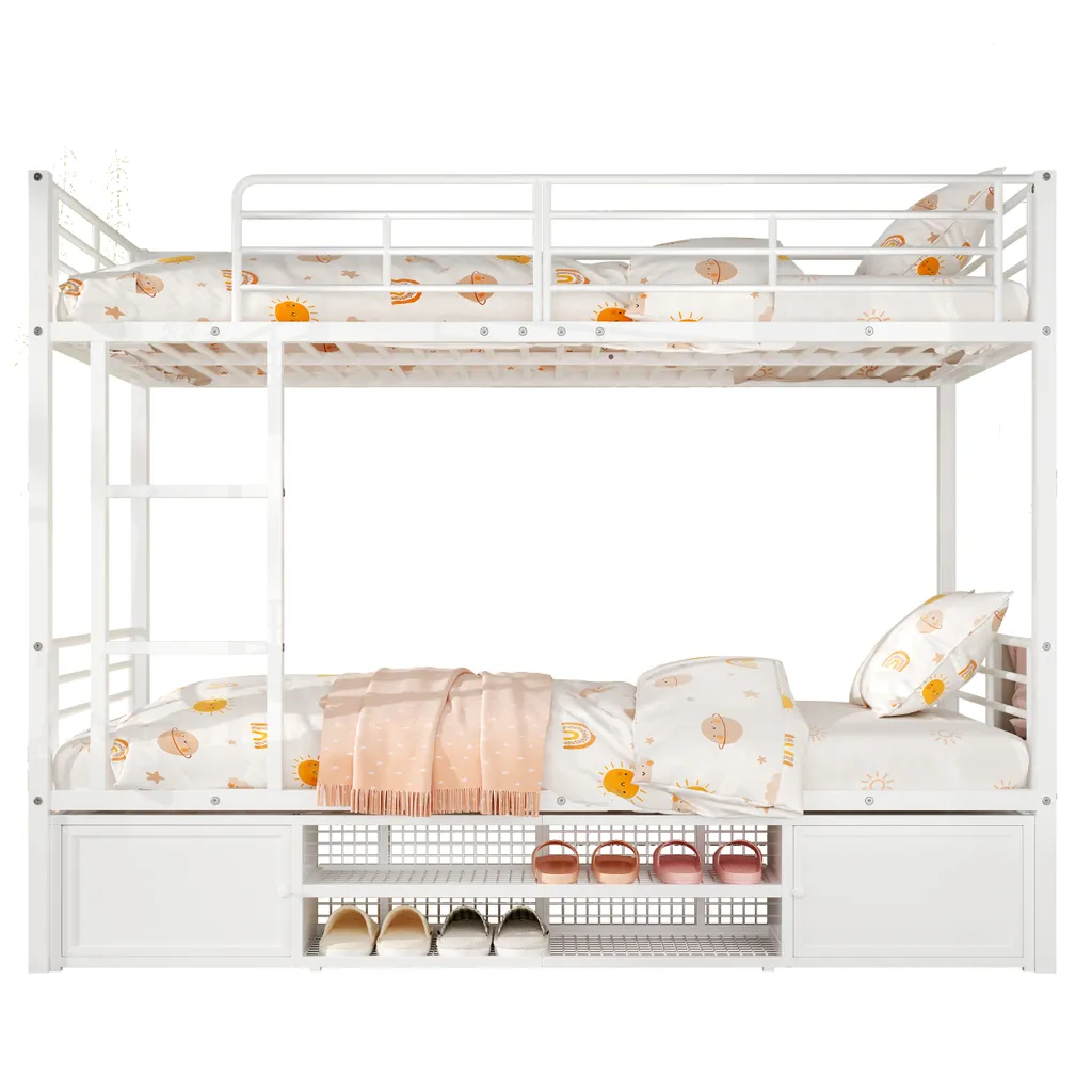 Lit superposé blanc en métal avec barrière anti-chute et armoire 2 portes - 5