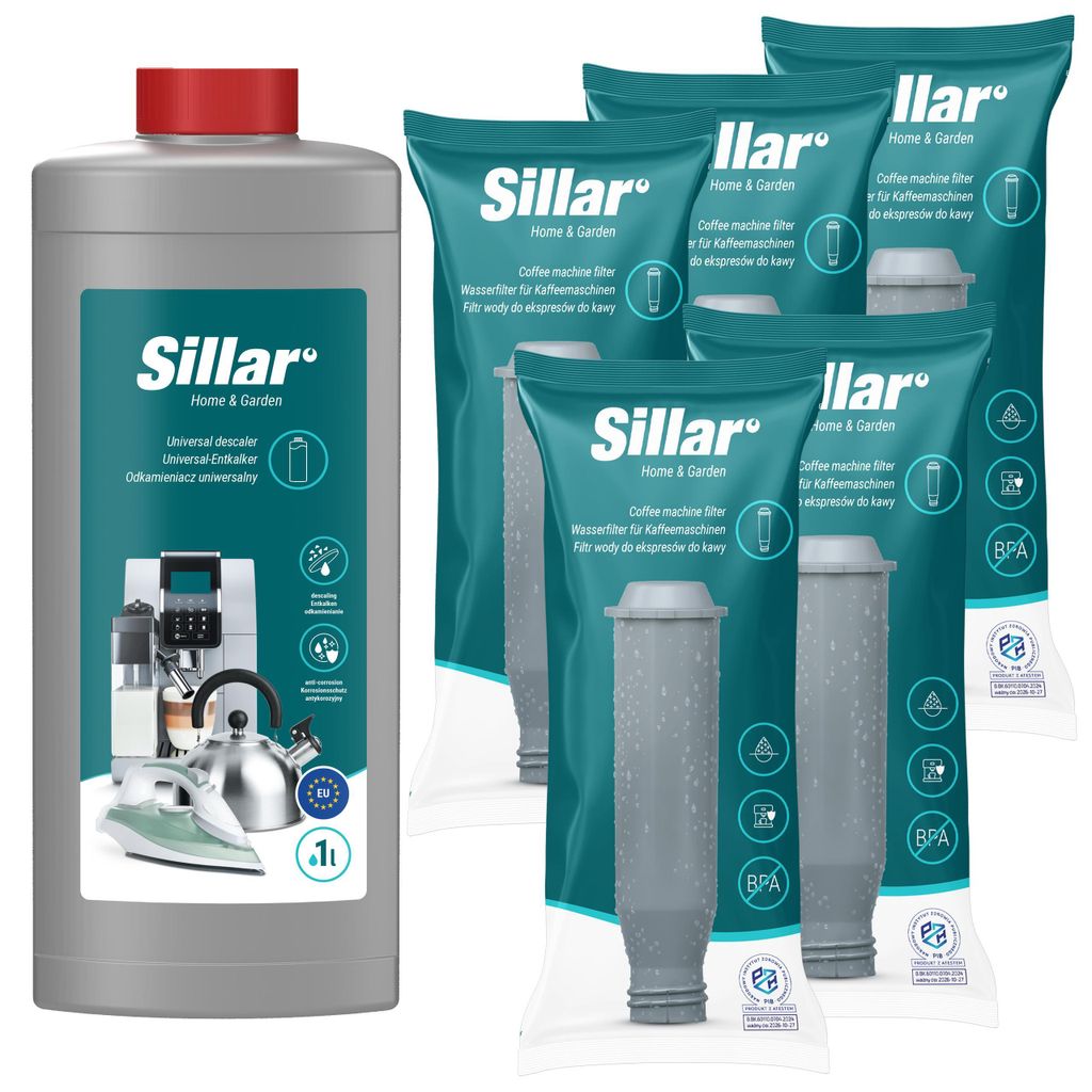 Sillar Wartungsset – 5x Wasserfilter + Entkalker 1L – für Kaffeemaschinen Krups Nivona Melitta