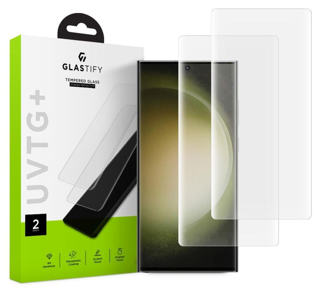 A product shot of a phone screen protector packaging and two screen protectors, with a smartphone in the background.