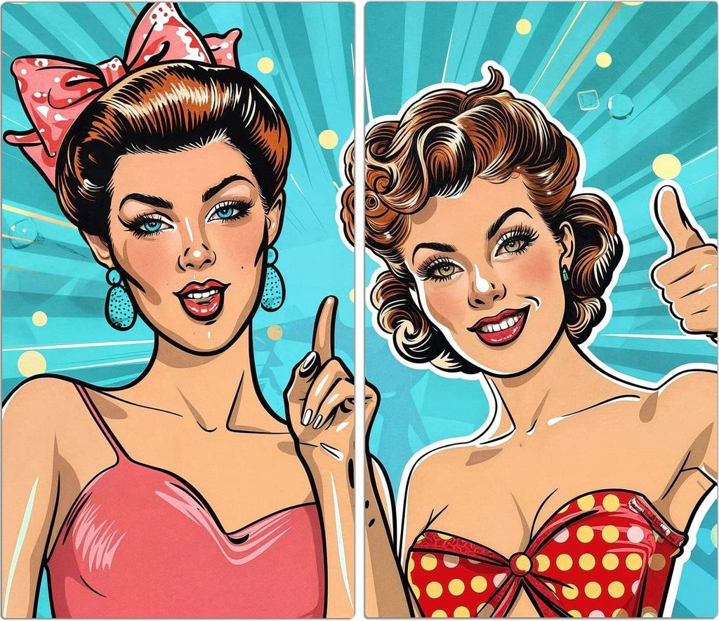 Spritzschutz Herdabdeckplatte Schneidebrett aus Glas Retro Frauen Illustration 2-Teilig (60x52cm)