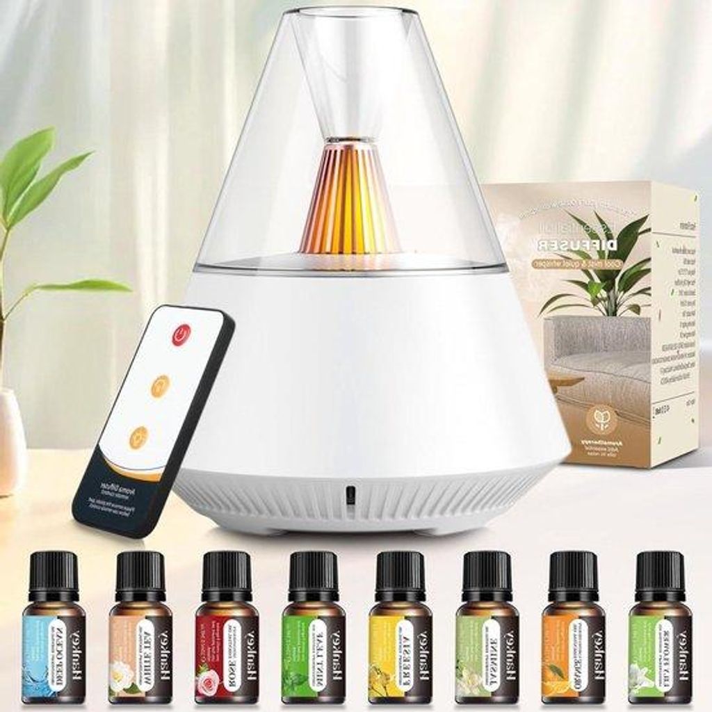 Diffusor für Aromatherapie mit 8 x 10 ml ätherischen Ölen - Luftfeuchter mit wasserloser Automatikabschaltung und LED-Licht für Schlafzimmer