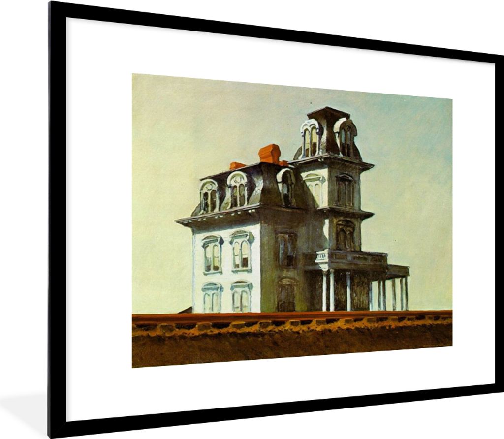MuchoWow MuchoWow Gerahmtes Poster Haus an der Eisenbahn - Edward Hopper 80x60 cm - Poster mit zchwarzem Bilderrahmen - Schlafzimmer-Dekoration...