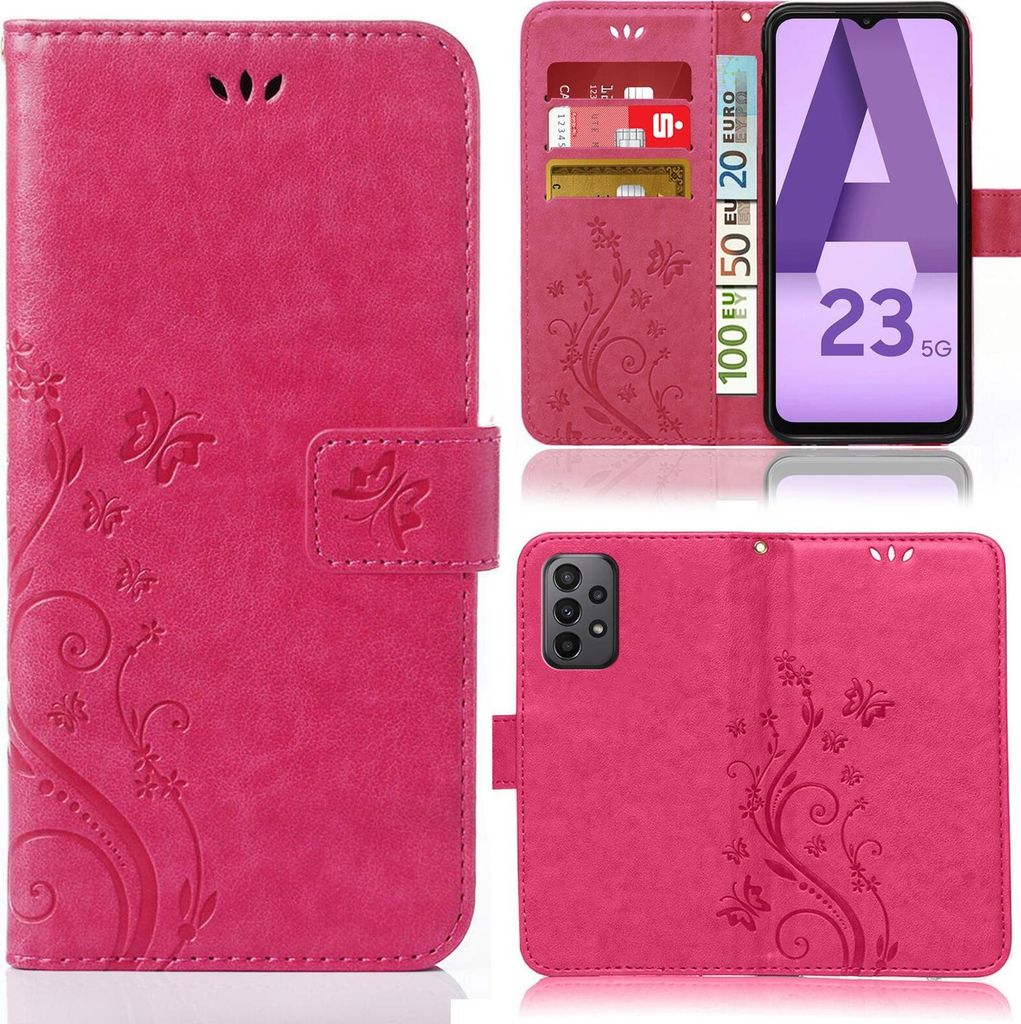 Handy Tasche für Samsung Galaxy A23 / A23 5G Schutz Hülle Handyhülle mit Blumenmuster Klapp Hülle mit Standfunktion und Kartenfächer Pink