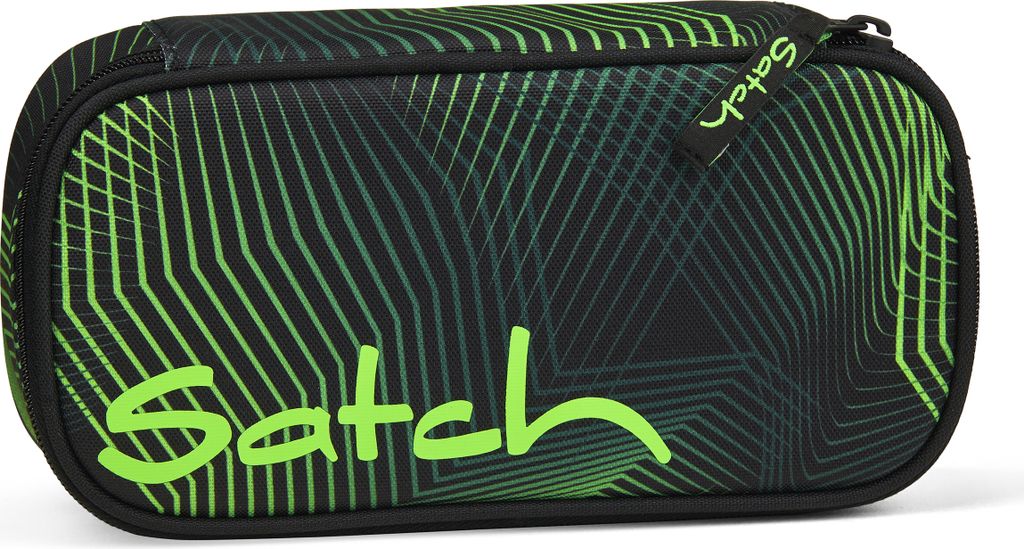 A pencil case with a geometric pattern.