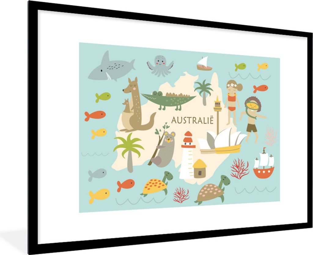 MuchoWow MuchoWow Gerahmtes Poster Weltkarte Kinder - Australien - Farben 90x60 cm - Poster mit zchwarzem Bilderrahmen - Wanddekoration - Fotos