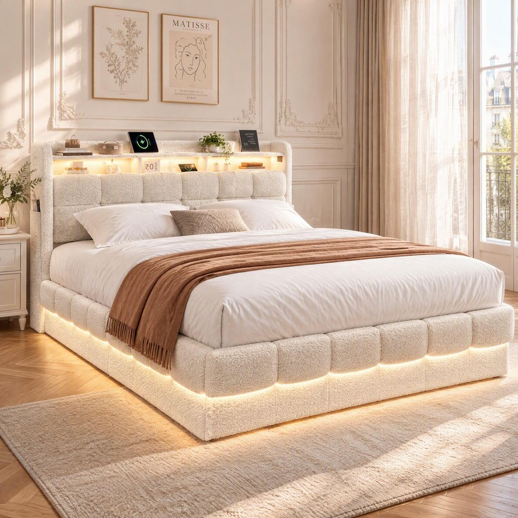 Cama boxspring INONEFT de 140x200 cm con LED y USB, Imagen del producto 
