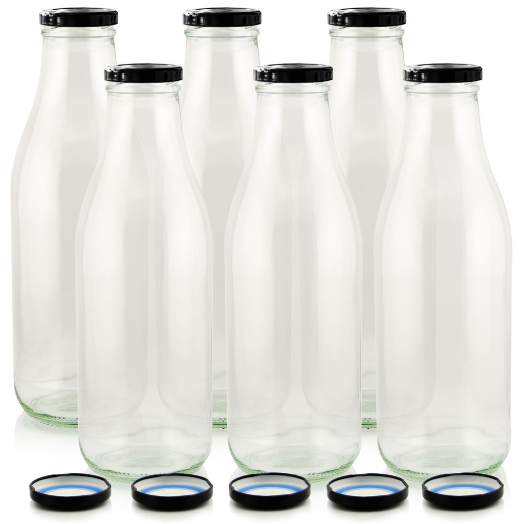 Milch Glasflaschen transparent im Set mit 6 Flaschen und Ersatzdeckeln schwarz
