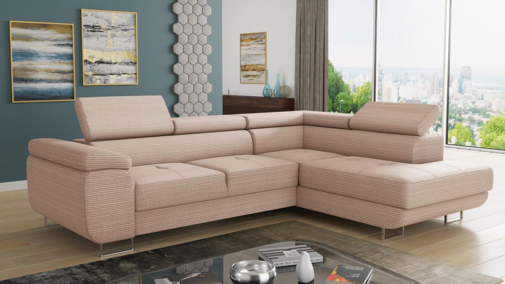 Ecksofa Caris mit Schlaffunktion und einstellbare Kopfstützen, Cord Stoff, Wohnlandschaft mit Bettkasten, Couch, Sofa, Bettsofa (Pink (Poso 052), ...