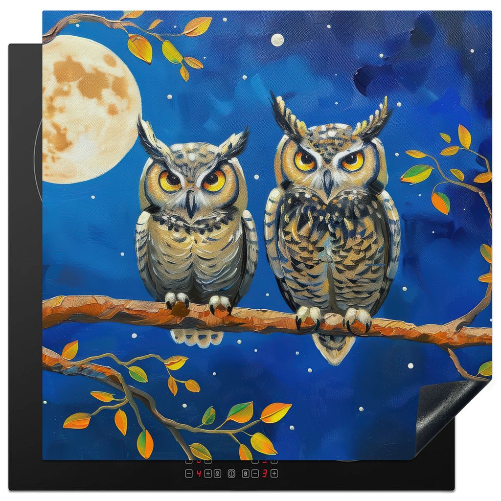 KitchenYeah Herdabdeckplatte Eulen - Malansicht - Natur - Nacht , 78x78cm, Küche Deko, Glaskeramikkochfeld Herdabdeckung, Abdeckplatte fùr Koch...