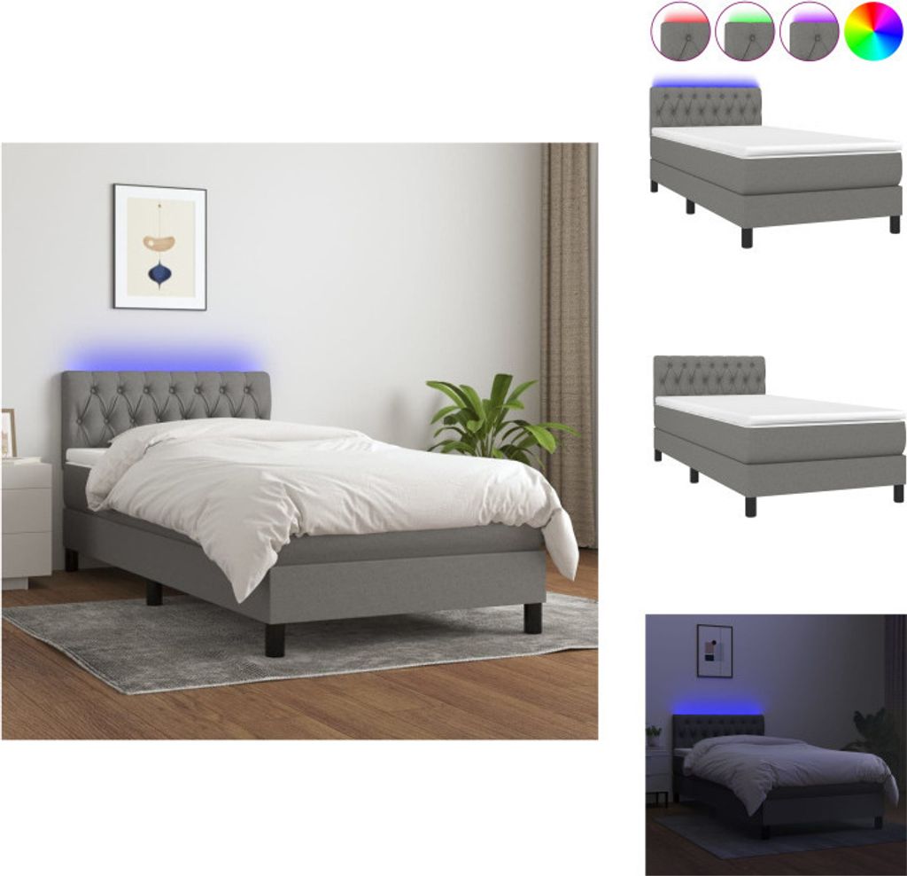 vidaXL Boxspringbett mit Matratze & LED Dunkelgrau 90x200 cm Stoff - Betten & Bettgestelle