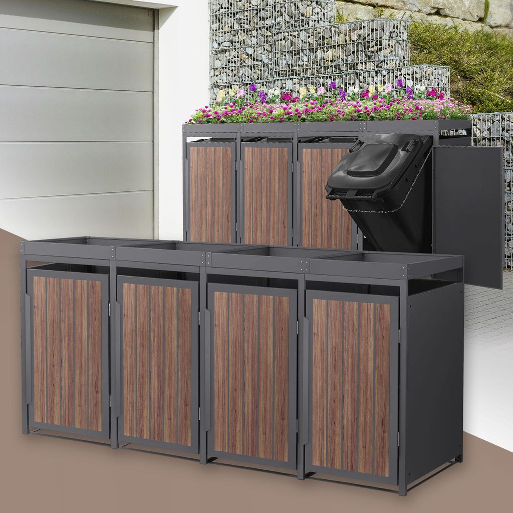ML-Design Mülltonnenbox 4er mit Pflanzdach, Mülltonnenverkleidung für 4 Tonne, 240L, 260x80x124 cmAnthrazit-Holzoptik aus Stahl, Müllbox mit Tür