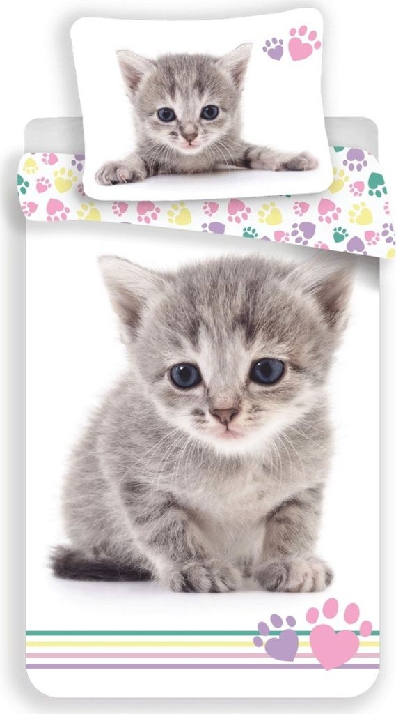 A duvet cover and pillowcase set featuring a kitten graphic and paw prints.