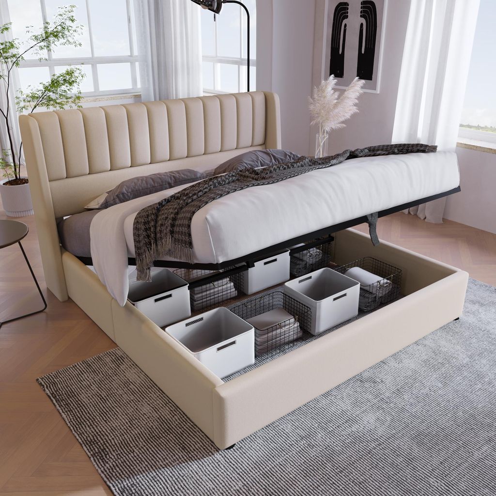 Hydraulisches Stauraumbett 160x200 cm – Elegantes Doppelbett mit hochwertigem Leinenbezug und gepolstertem Kopfteil, Beige