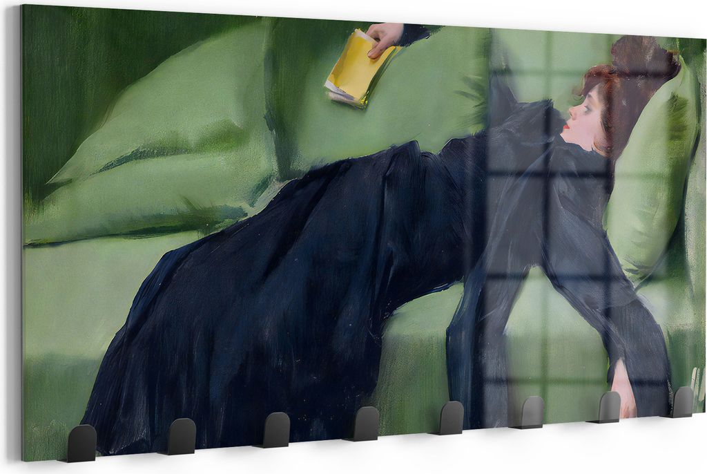 DEQORI Kleiderhaken Glas 60x30 cm 'Lesepause in Grün' Wand Garderobe beschreibbar Paneel