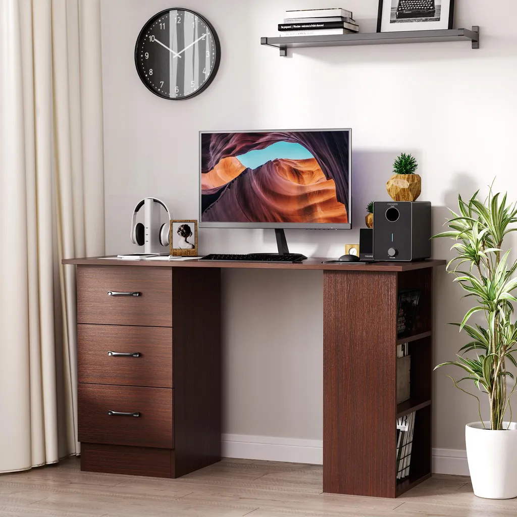 Table informatique réversible avec tiroirs et étagères, bois noyer - 3