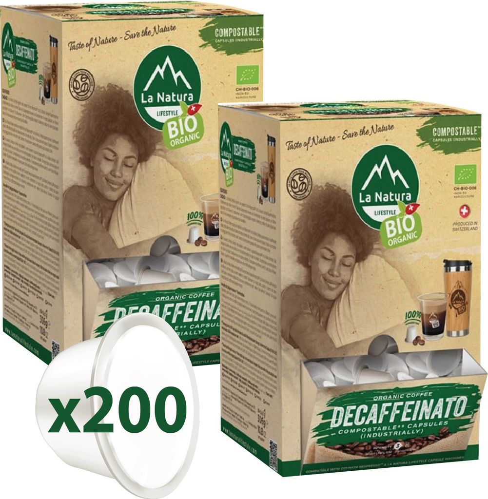 La Natura Kapseln DECAFFEINATO Kaffee XXL BOX 200 Kaffeekapseln | La Natura Lifestyle Organic 1020g| biobasiert | Nespresso *³ kompatibel