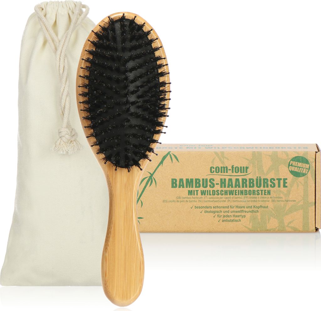 COM-FOUR Premium Bambus-Haarbürste, Allzweck-Haarbürste aus Bambusholz und Wildschweinborsten, Paddle Brush-Bürste für jeden Haartyp