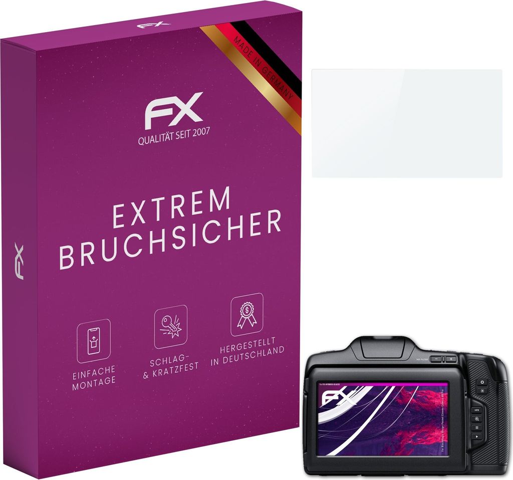 atFoliX FX-Hybrid-Glass Displayfolie kompatibel mit Blackmagic Design Pocket Cinema Camera 6K Pro Glasfolie