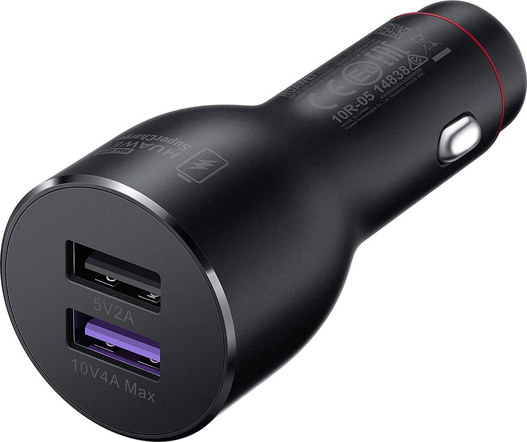 A black car charger with two USB ports.