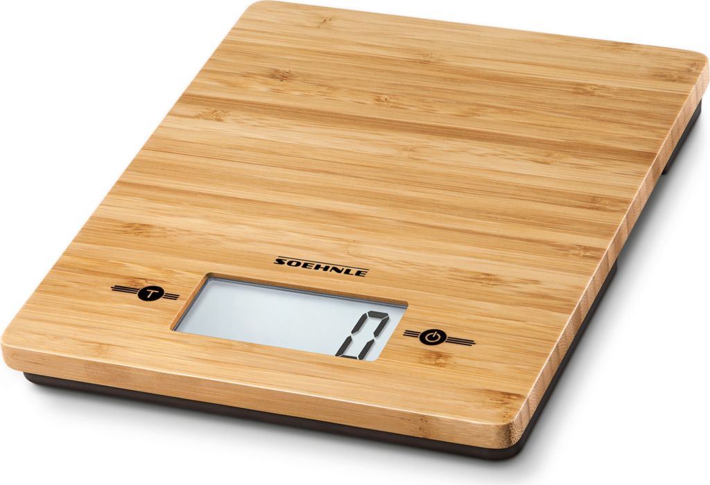 A digital kitchen scale with a bamboo surface is shown on a white background.