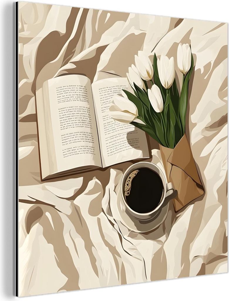 MuchoWow Wanddekoration Metall Metallbild Wandkunst 90x90 cm Buch - Illustration - Tulpen - Kaffee MuchoWow Aluminium Gemälde - Dekoration - Indus...